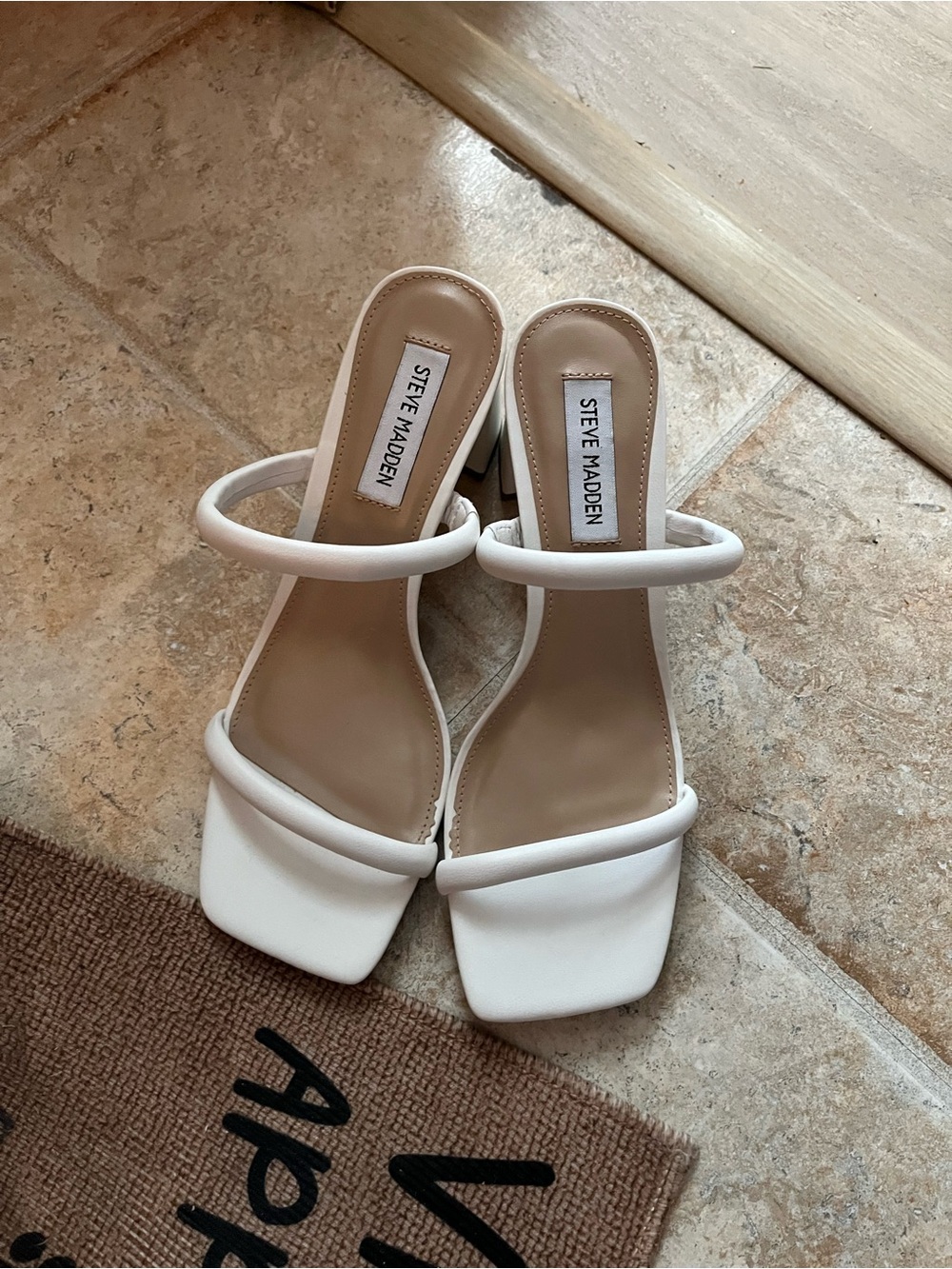 Steve Madden White Double-Strap Square-Toe Heeled Mules